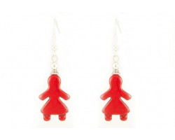 Red Dyed Stone Girl Silver Plate Hook Earrings