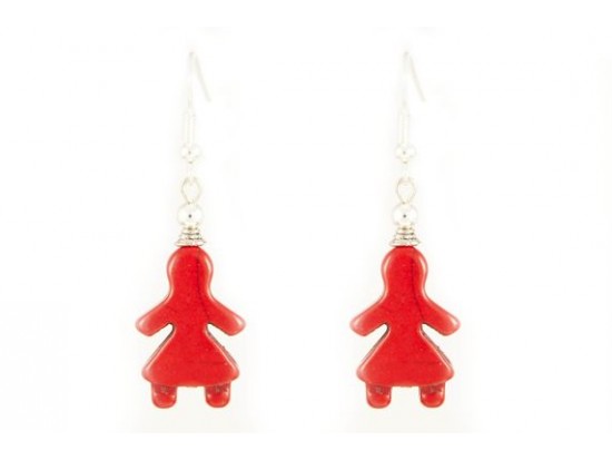 Red Dyed Stone Girl Silver Plate Hook Earrings