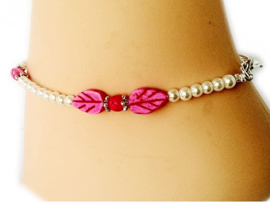 White Pearl Hot Pink Leaves and Cross Anklet