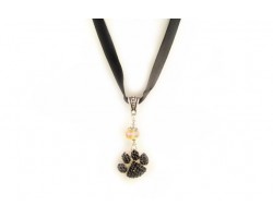 16" Black & Gold Color Crystal Paw Print Satin Ribbon Necklace