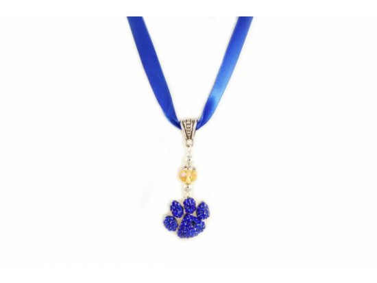 16" Sapphire & Gold Color Crystal Paw Print Satin Ribbon Necklace