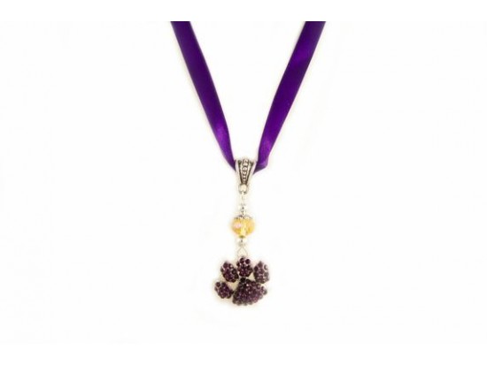 16" Purple & Gold LSU Color Crystal Paw Print Satin Ribbon Necklace