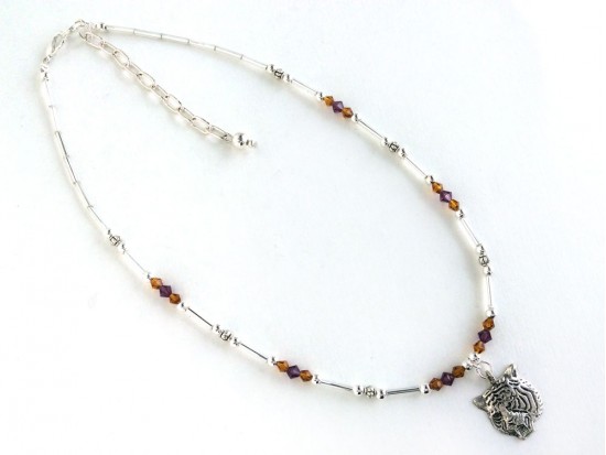 Purple Gold Crystal Tiger Charm Necklace