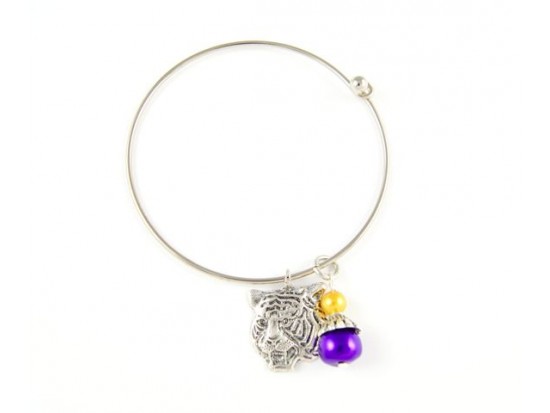LSU Tiger Gold and Purple Crystal and Pearl Charm Wire Bangle LSU Tiger Gold and Purple Crystal and Pearl Charm Wire Bangle