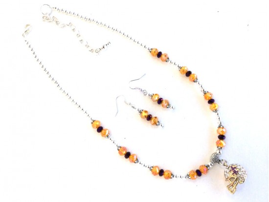 Purple Fleur De Lis Football Helmet Crystal Silver & Gold Necklace Set