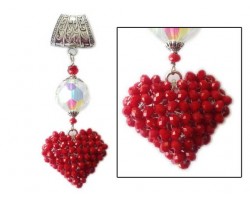 Red Crochet Bead 2" Heart Clear Crystal on Scarf Chain Slide