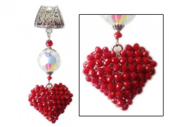 Red Crochet Bead 2" Heart Clear Crystal on Scarf Chain Slide
