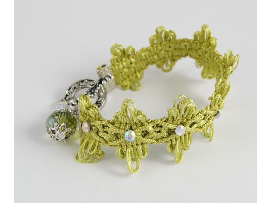 Light Olivine Brocade Cord Crystal Charm Bracelet