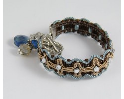 Blue Denim Brown Brocade Crystal Charm Bracelet