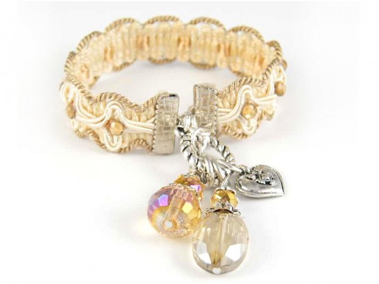 Beige Tan Brocade Cord Crystal Charm Bracelet Beige Tan Brocade Cord Crystal Charm Bracelet