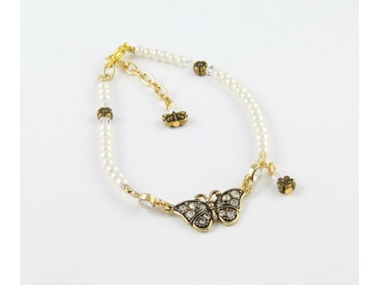 Pearl & AB Crystal Gold Plate Butterfly Flower Anklet Bracelet