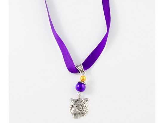 16" LSU Purple Gold Satin Necklace Tiger Head Charm