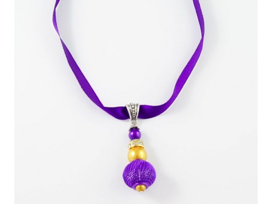 16" LSU Purple Gold Mesh Bead on Satin Ribbon Necklace