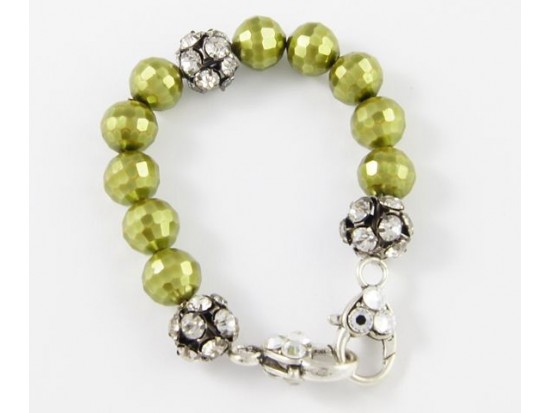 Green Pearl Large Faceted & Clear Crystal Beads Stretch Bracelet