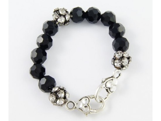 Jet Large Faceted & Clear Crystal Beads Stretch Bracelet