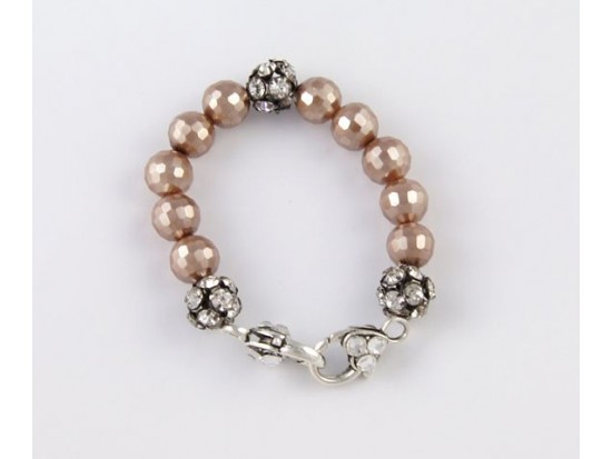 Taupe Large Faceted & Clear Crystal Beads Stretch Bracelet