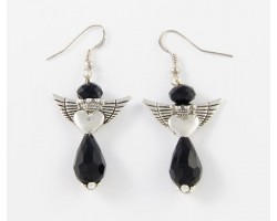 Jet Crystal Heart Wing Angel French Hook Earring