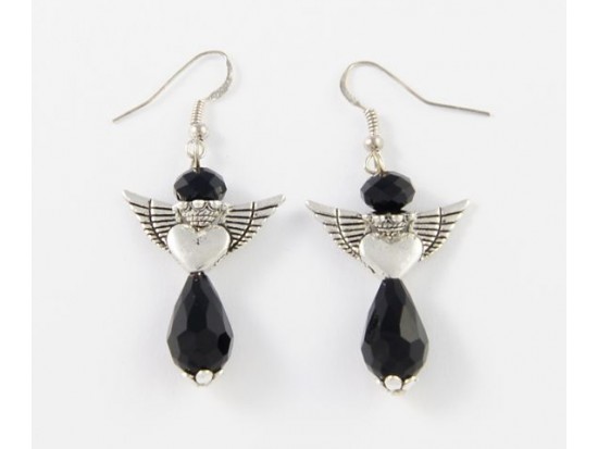 Jet Crystal Heart Wing Angel French Hook Earring