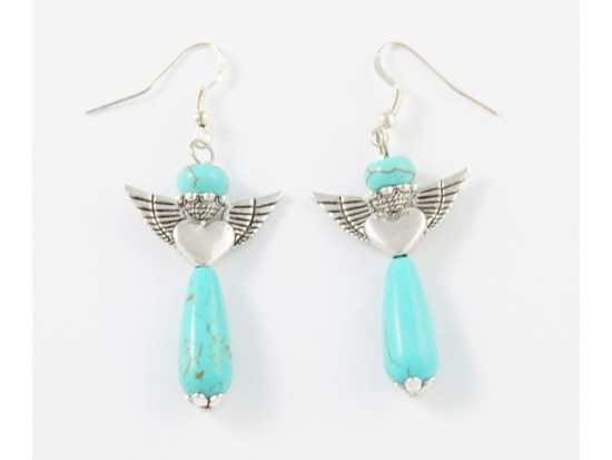 Turq Dyed Stone Heart Wing Angel French Hook Earring Turq Dyed Stone Heart Wing Angel French Hook Earring