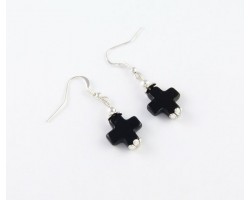 Small Black Onyx Square Cross Earrings on French Hooks