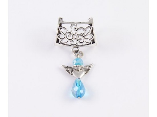 Aqua Crystal Heart Wing Angel with Flower Bail Pendant