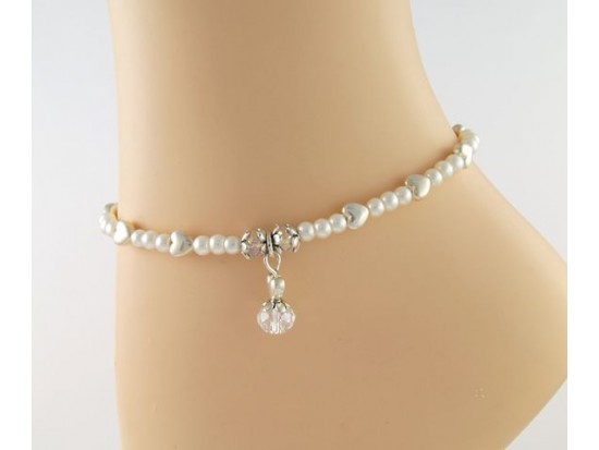 Silver Hearts Pearl AB Crystal Charms Anklet