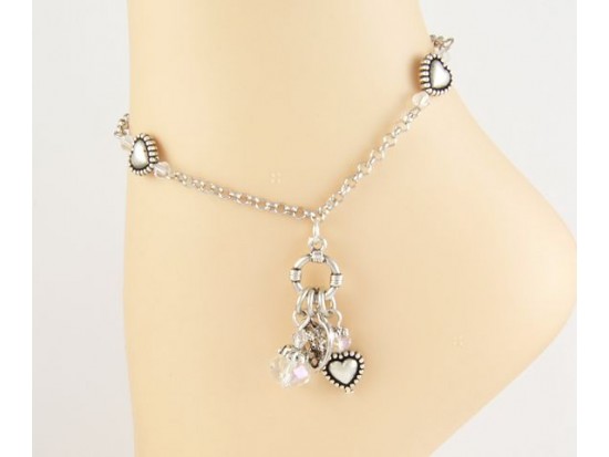 Silver Plate Heart Beads AB Crystal Charms Anklet Silver Plate Heart Beads AB Crystal Charms Anklet