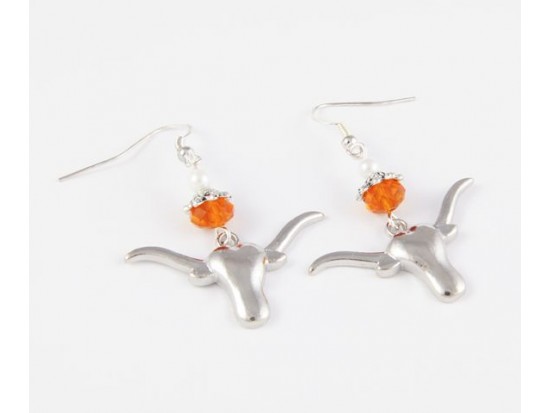 Texas Longhorn Orange Crystal Silver Plate Longhorn Hook Earrings