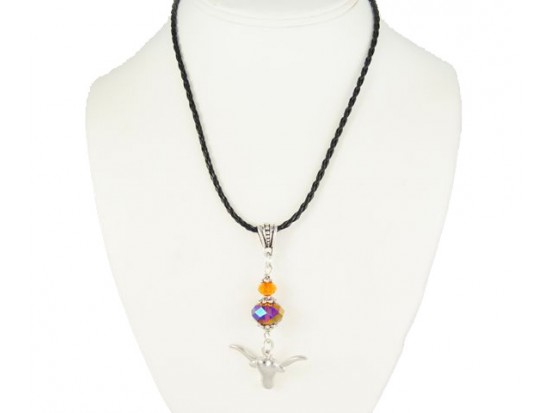 Texas Longhorn Orange Crystal Silver Plate Longhorn Pendant Necklace