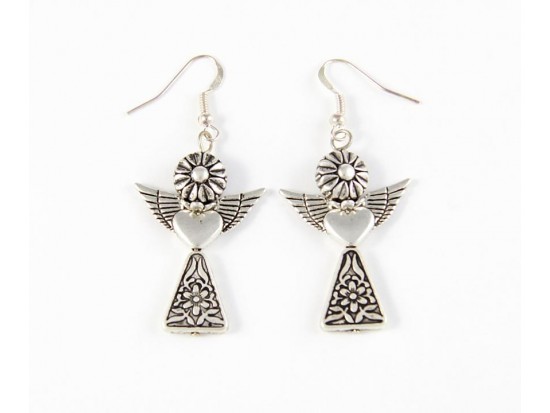 Antique Silver Plate Double Daisey Angel French Hook Earrings