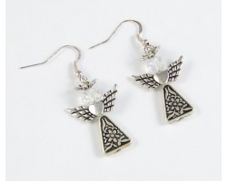 Antique Silver Plate Triangle Daisy Angel with Halo Hook Earrings