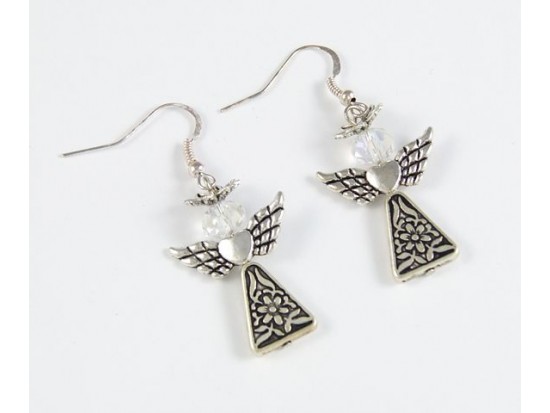 Antique Silver Plate Triangle Daisy Angel with Halo Hook Earrings