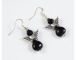 Angel Black Stone Heart Skirt Winged Heart Hook Earrings