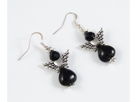 Angel Black Stone Heart Skirt Winged Heart Hook Earrings
