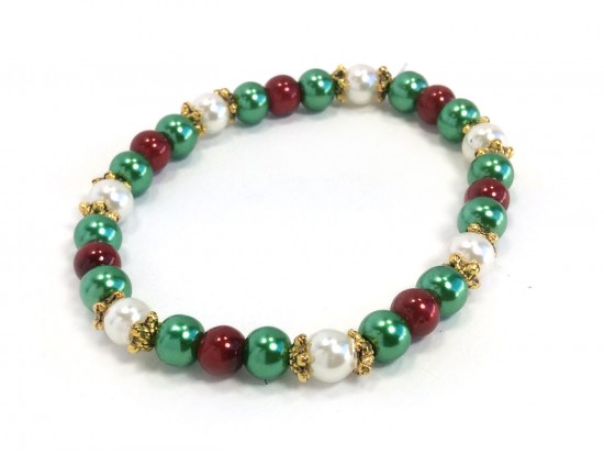 Red Green White Pearl Stretch Bracelet