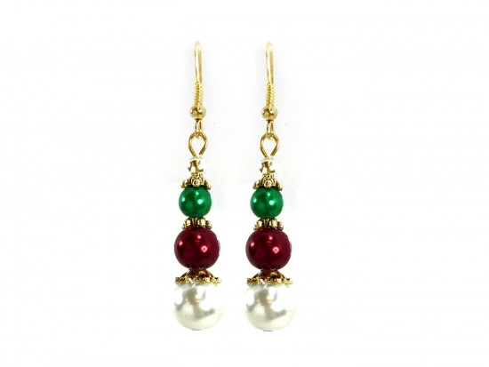 Red Green White Pearl Gold Hook Earrings