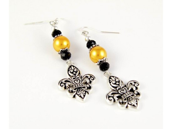 Black & Gold Cut Out Fleur De Lis Hook Earrings Black & Gold Cut Out Fleur De Lis Hook Earrings