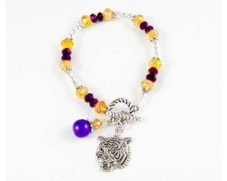Tiger Charm Purple & Gold Crystal Silver Plate Bracelet