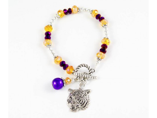 Tiger Charm Purple & Gold Crystal Silver Plate Bracelet