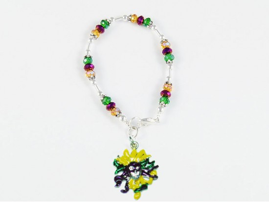 Mardi Gras Head Mask Feather Charm Crystal Bracelet