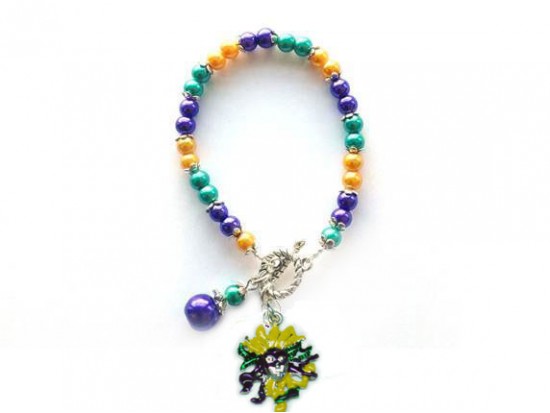 Mardi Gras Mask Feathers Pearl Bracelet