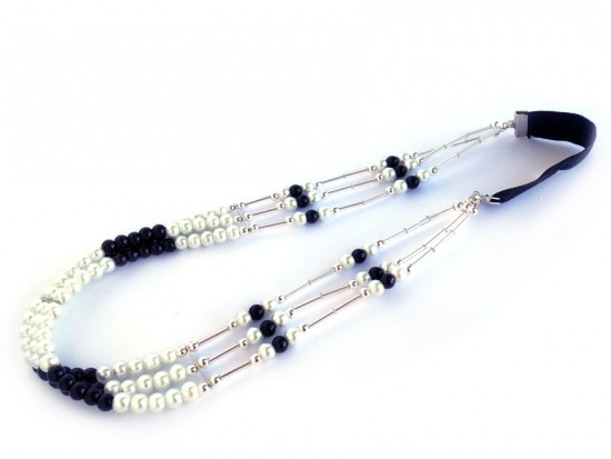 Black White Pearl Liquid Silver 3 Line Stretch Headband