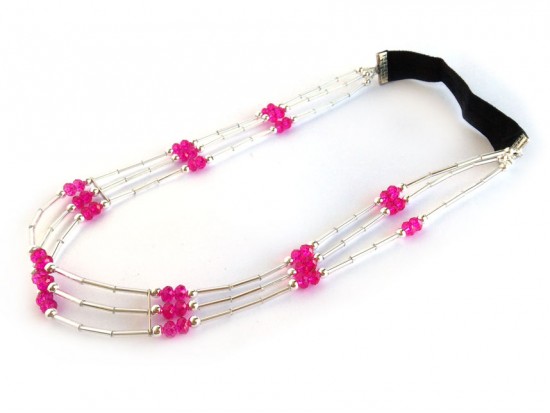 Fuchsia Crystal Liquid Silver 3 Line Stretch Headband