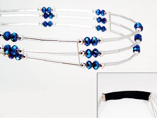 Met Blue Crystal Liquid Silver 3 Line Stretch Headband