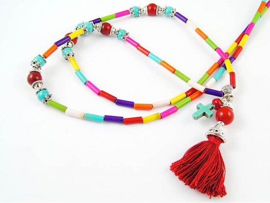 Dark Multi Dyed Stone Tube Tassel Necklace