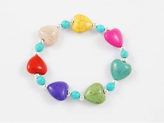 Dark Multi Dyed Stone Heart Stretch Bracelet