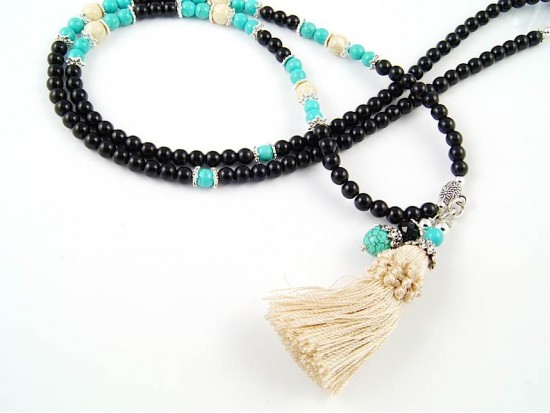Black Stone Turquoise Beige Bead Tassel Necklace Black Stone Turquoise Beige Bead Tassel Necklace