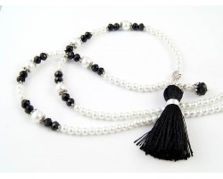 Pearl & Black Bead Black Tassel Necklace