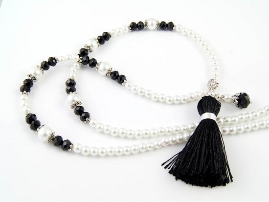 Pearl & Black Bead Black Tassel Necklace