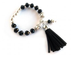 Black Crystal Silver Tassel Charm Bracelet